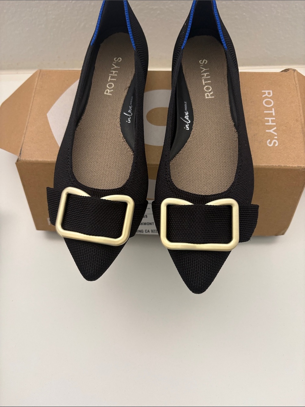 Rothy's Black Pointed Knit Flats with Cream Buckle